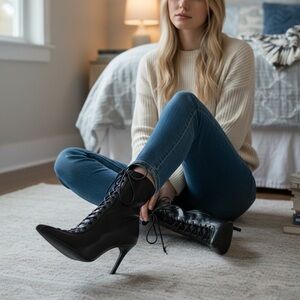 Shultz Lace Up Pointed Toe Stiletto Black Boots Napa Soft Stretch Size 7